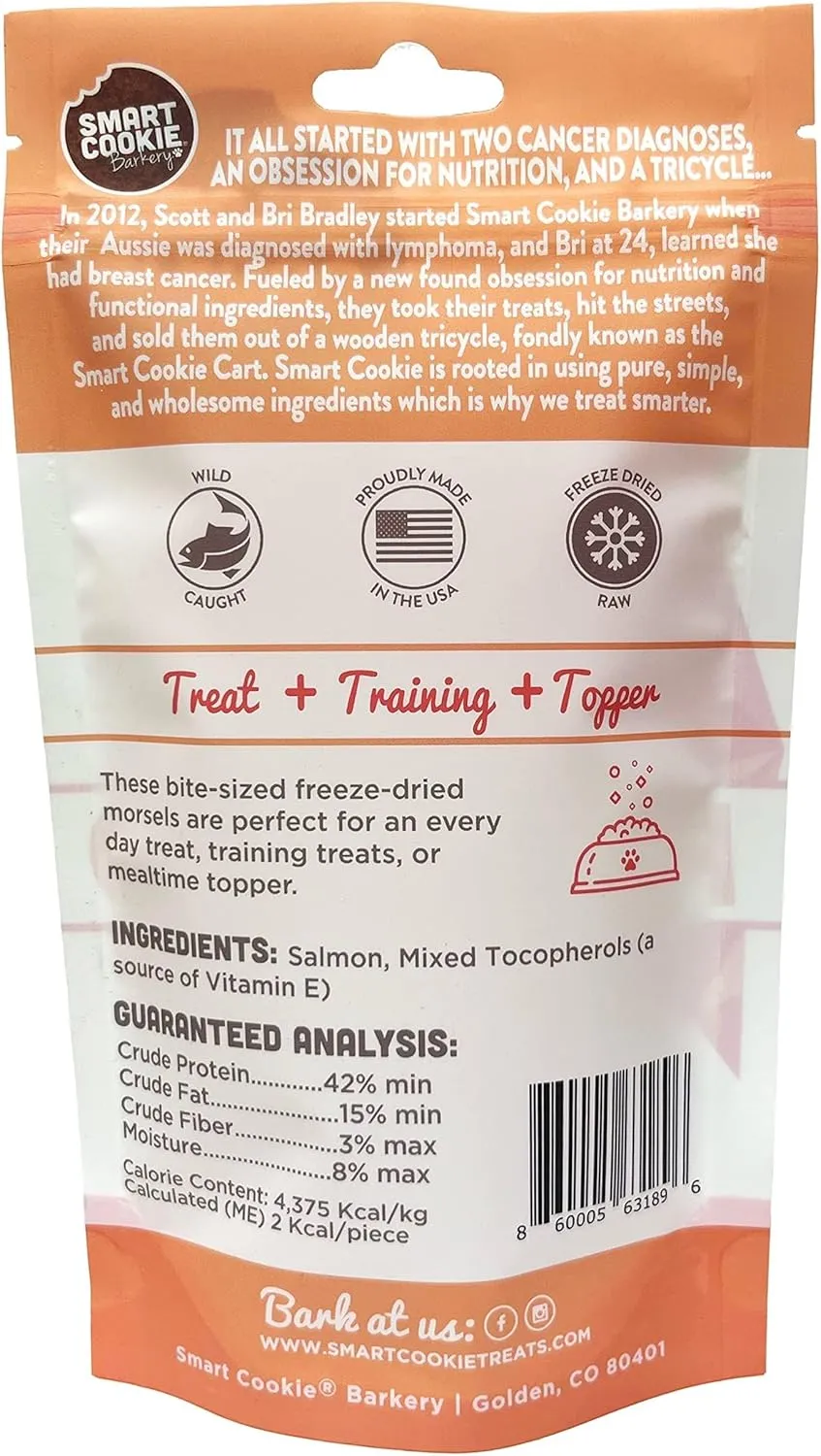 Smart Cookie Freeze Dried Salmon Bites - Single Ingredient Freeze Dried Treats for Dogs - Wild Caught Alaskan Salmon Dog Training Treats & Dog Food Topper - Made in USA - 2oz Bag, 3 Pack