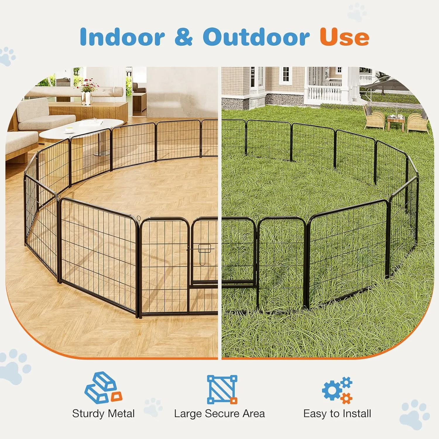 Sweetcrispy Dog Playpen Indoor - Pet Fence Exercise Pen for Yard Gate 16 Panels Foldable Puppy Playpens with Doors Metal Dog Pen for Camping, RV, Outdoor, Small/Medium Pets, 24 Height