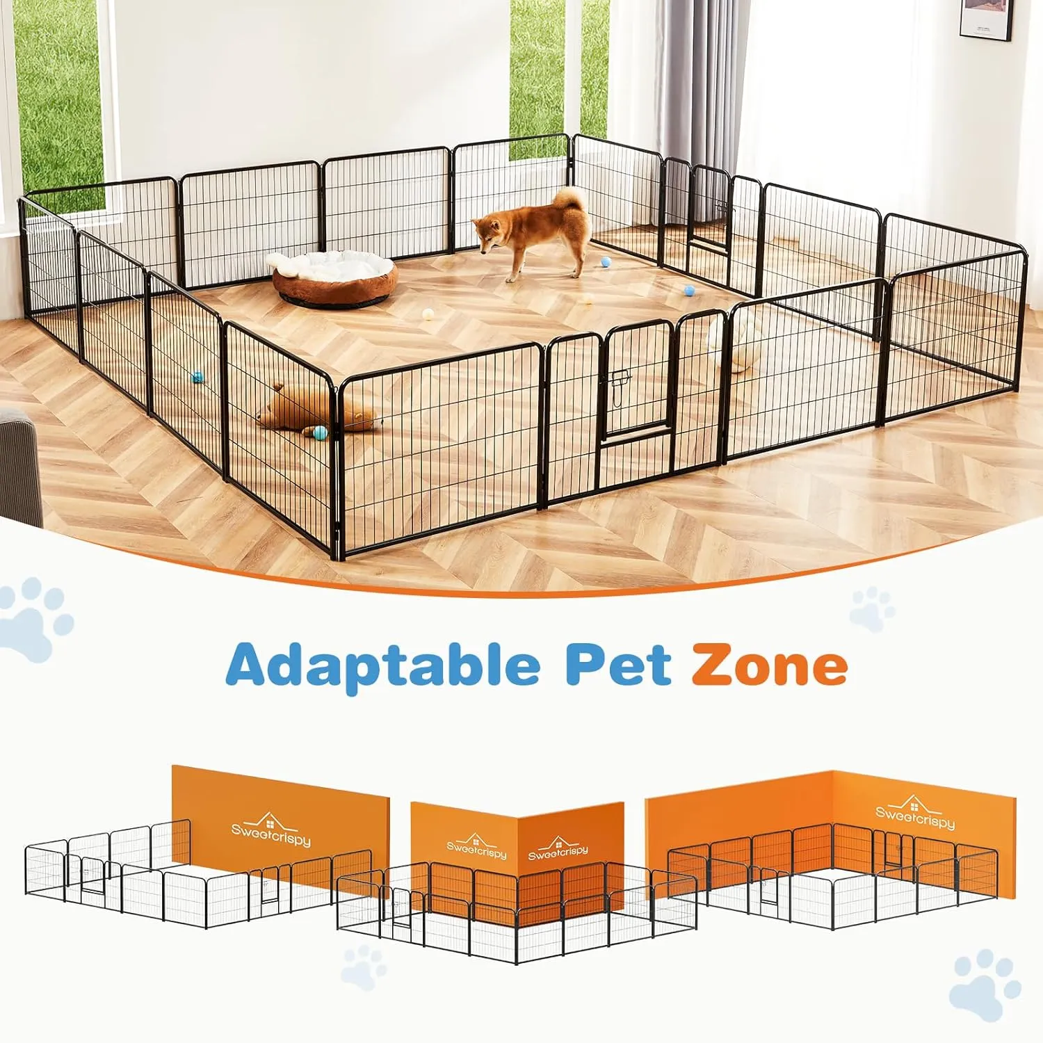Sweetcrispy Dog Playpen Indoor - Pet Fence Exercise Pen for Yard Gate 16 Panels Foldable Puppy Playpens with Doors Metal Dog Pen for Camping, RV, Outdoor, Small/Medium Pets, 24 Height