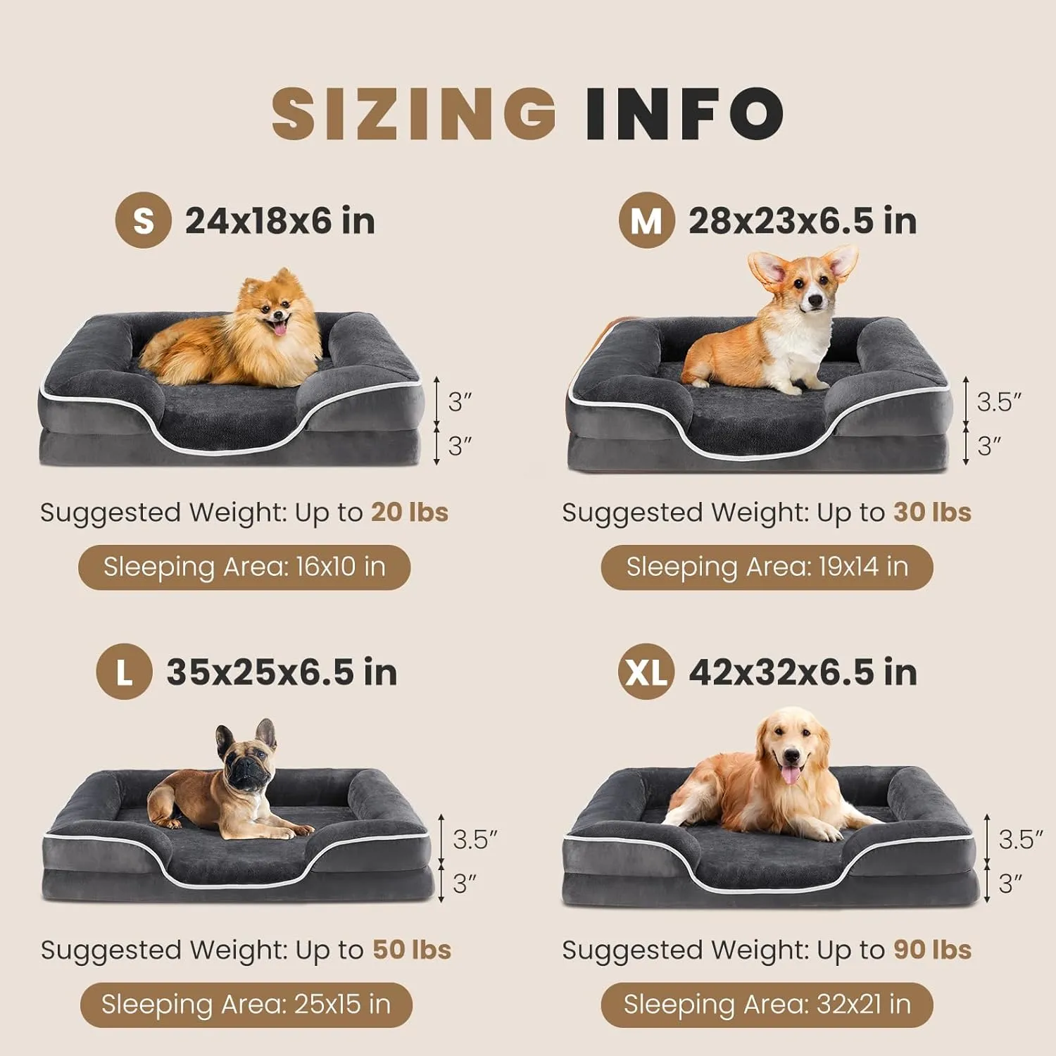 Sweetcrispy Orthopedic Dog Bed, Memory Foam Puppy Sleeping Sofa for Small Pets with Washable Removable Cover Non-Slip Base Waterproof Liner Egg Crate for Improved Sleep, Grey, 24" L x 18" W x 6" Th