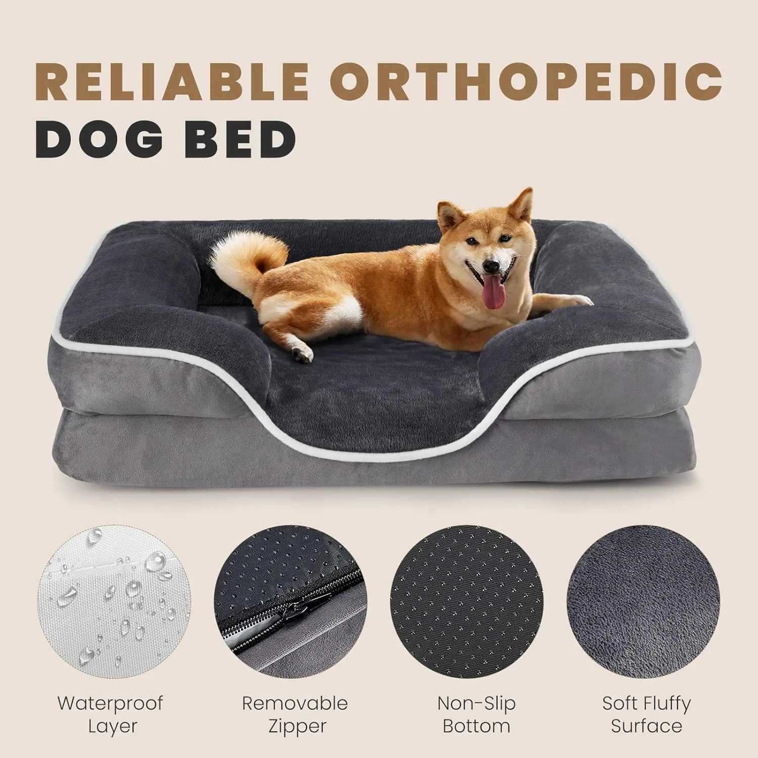 Sweetcrispy Orthopedic Dog Bed, Memory Foam Puppy Sleeping Sofa for Small Pets with Washable Removable Cover Non-Slip Base Waterproof Liner Egg Crate for Improved Sleep, Grey, 24" L x 18" W x 6" Th