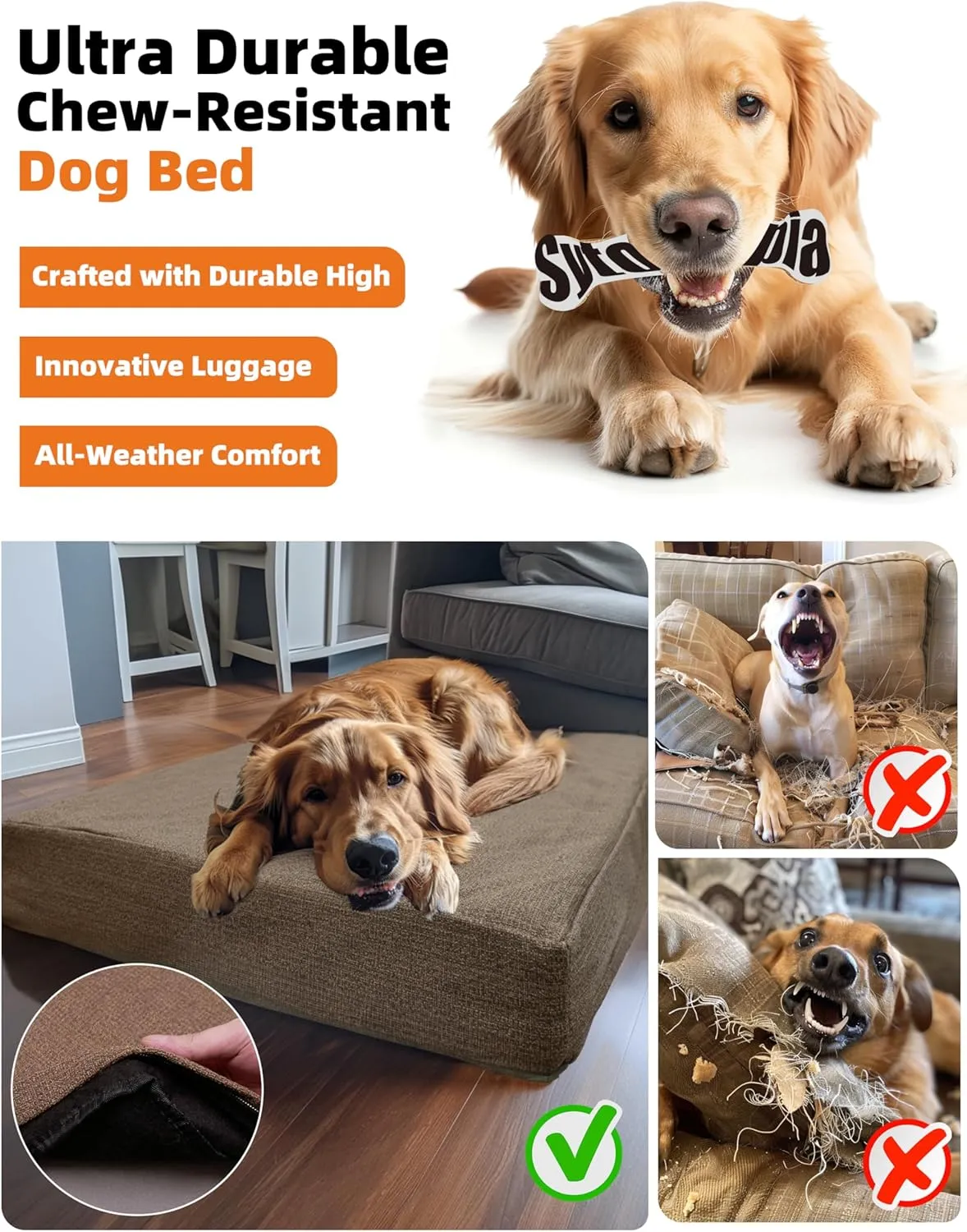 Sytopia 36" Chew-Proof Dog Bed, L, Outdoor Waterproof Pet Bed for Large Dogs, Washable, Orthopedic, Dog Crate Pad, Supports up to 60 lbs, Caramel