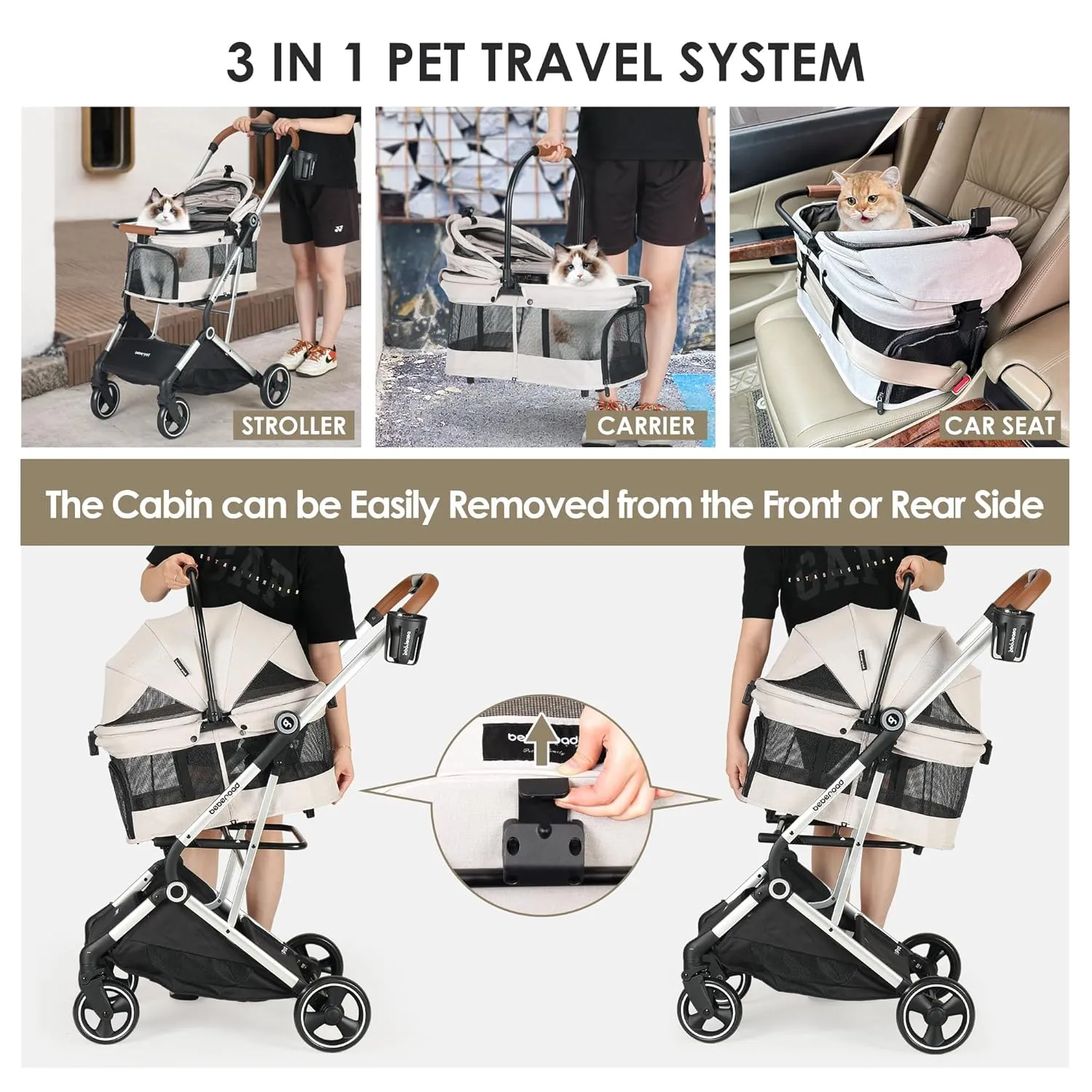 T3 Pro 3 in 1 Small Pet Stroller for Dog & Cats, 4 Wheels with Detachable Carrier with Pad, Canopy and Cup Holder, Beige & Net Wall