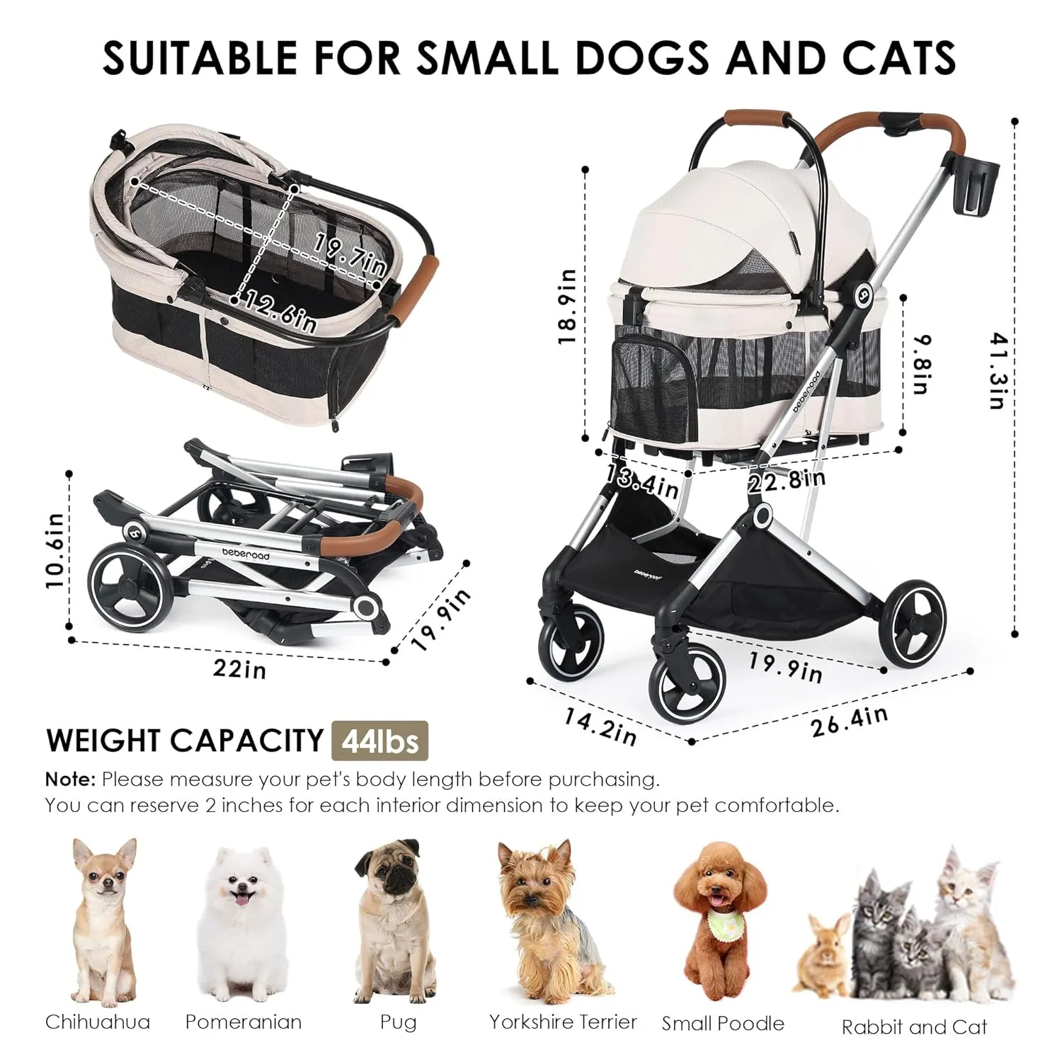 T3 Pro 3 in 1 Small Pet Stroller for Dog & Cats, 4 Wheels with Detachable Carrier with Pad, Canopy and Cup Holder, Beige & Net Wall