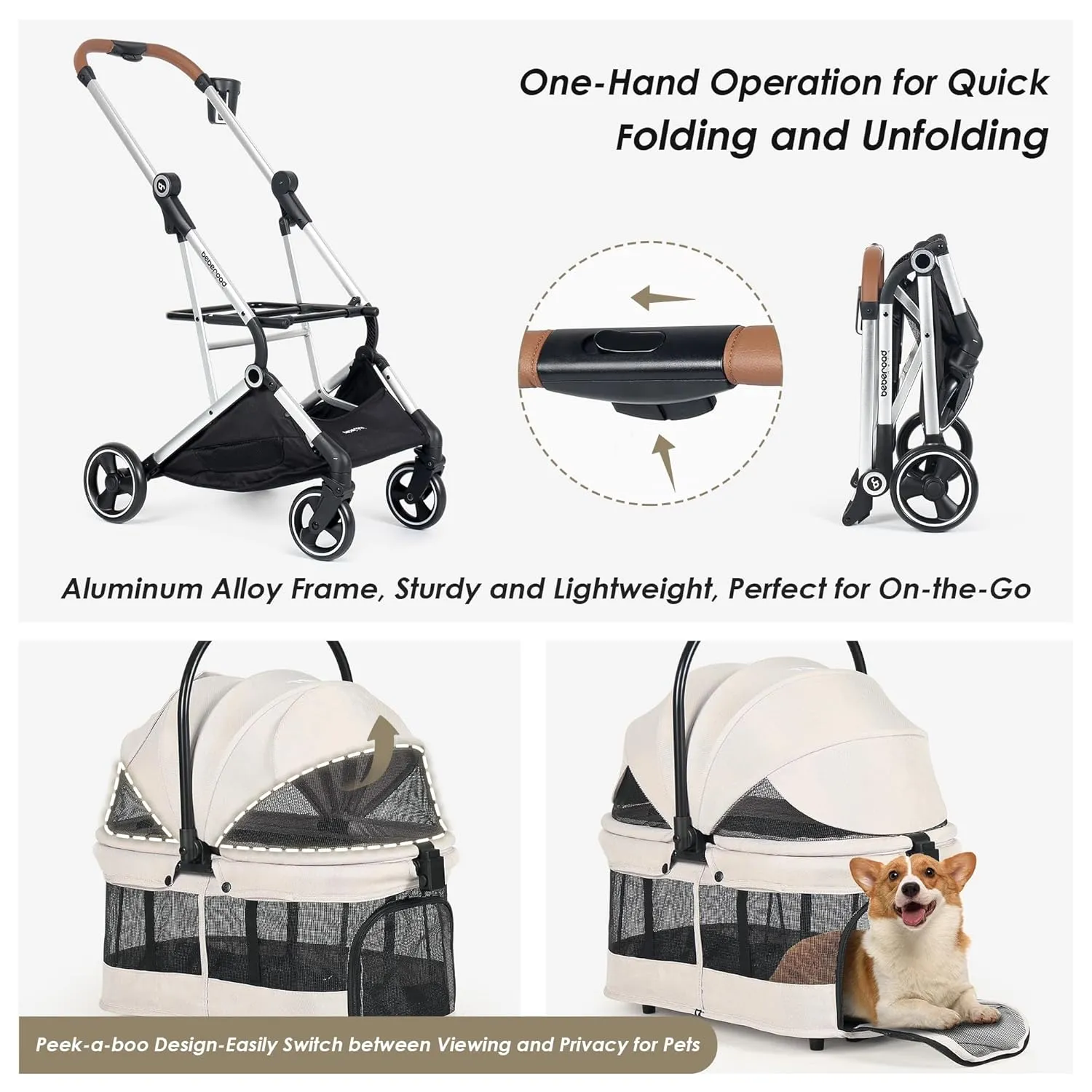 T3 Pro 3 in 1 Small Pet Stroller for Dog & Cats, 4 Wheels with Detachable Carrier with Pad, Canopy and Cup Holder, Beige & Net Wall
