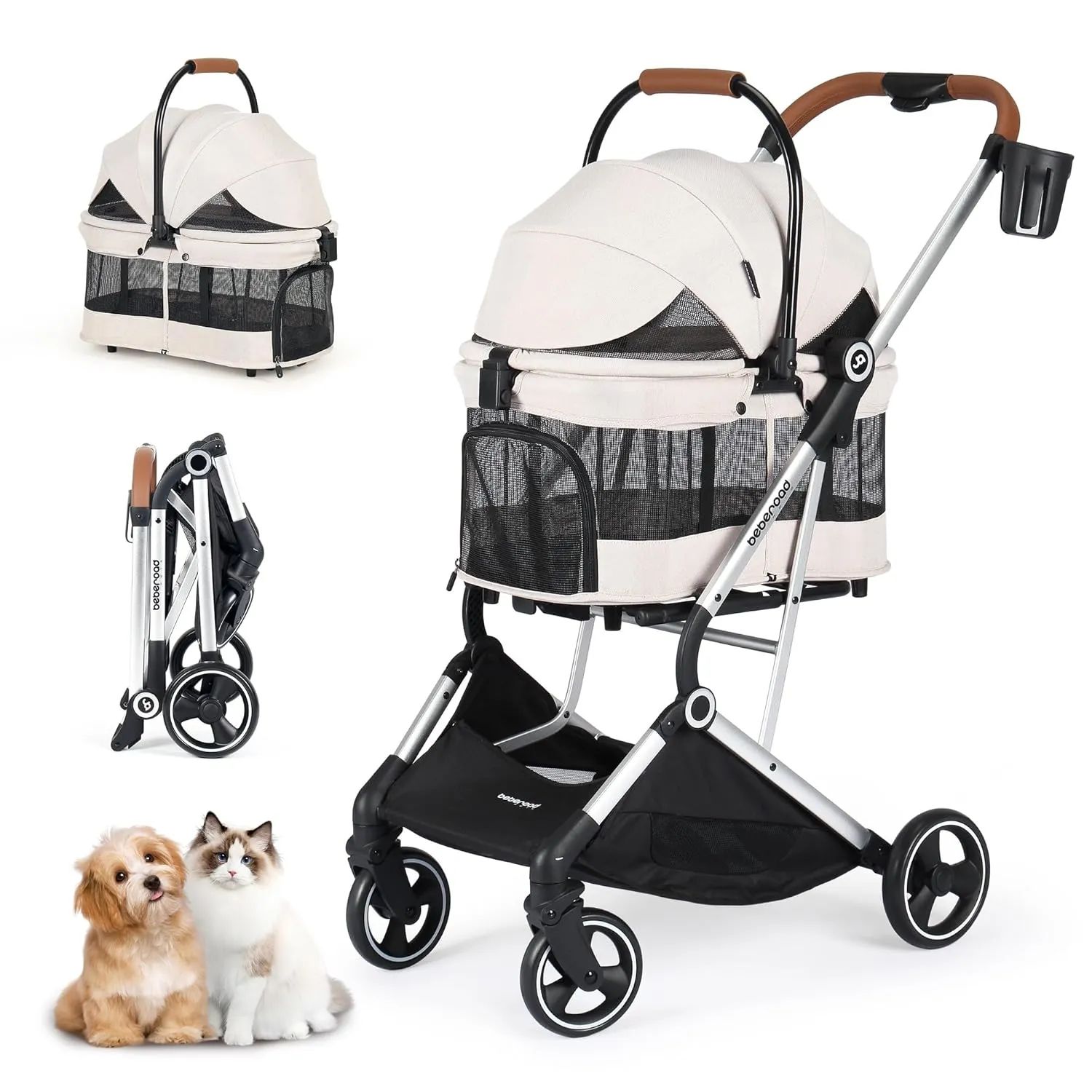 T3 Pro 3 in 1 Small Pet Stroller for Dog & Cats, 4 Wheels with Detachable Carrier with Pad, Canopy and Cup Holder, Beige & Net Wall