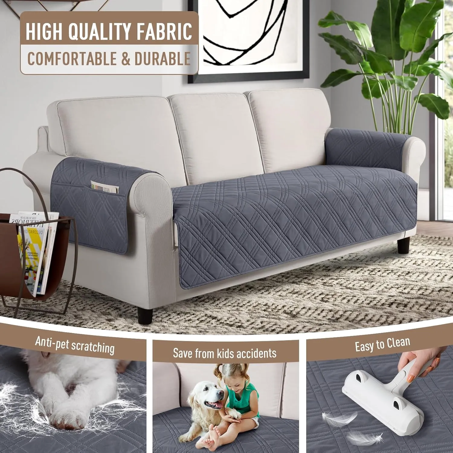 TAOCOCO Waterproof Couch Covers for Pets Dogs with Non Slip Backing, Sofa Seat Covers with Side Pocket for 3 Cushion Couch Washable Dog Couch Cover Protector Sofa Slipcovers(Sofa, Dark Grey)