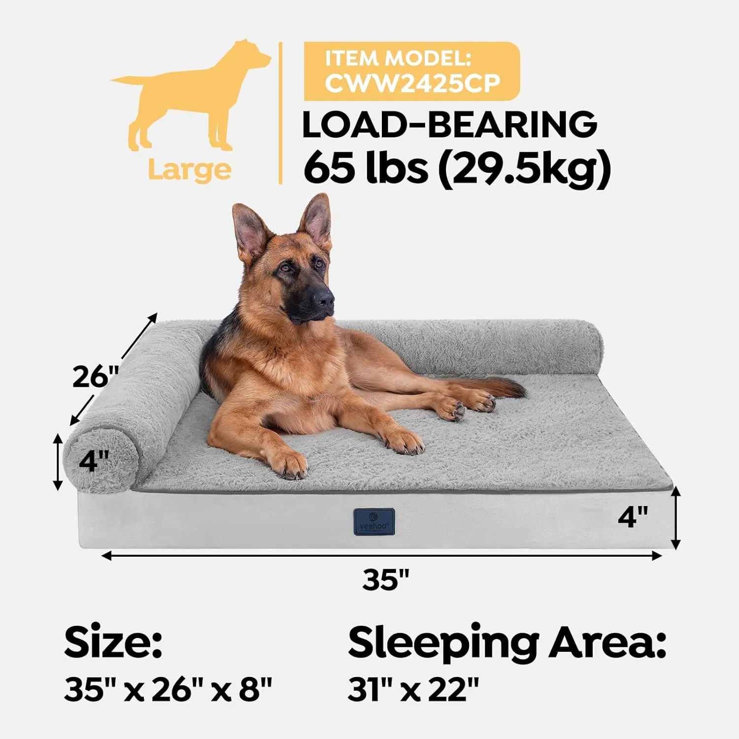 Veehoo Memory Foam Orthopedic Dog Beds-4" Thickened Washable Large Pet Bed with Removable Fluffy Dutch Velvet Bolster Cover & Non-Slip Bottom, Dog Sofa Bed for Large Dogs, 35 * 26 in