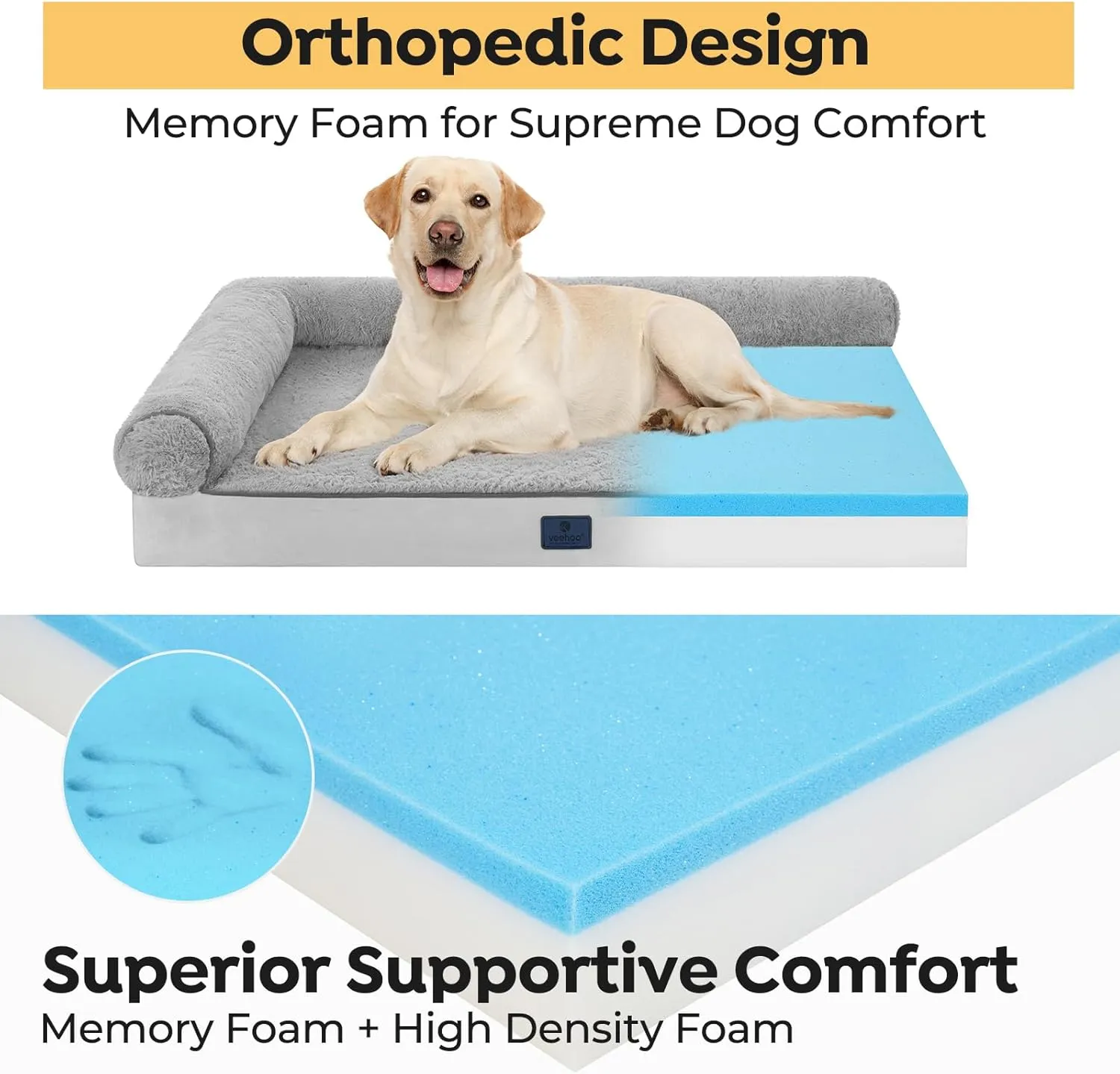 Veehoo Memory Foam Orthopedic Dog Beds-4" Thickened Washable Large Pet Bed with Removable Fluffy Dutch Velvet Bolster Cover & Non-Slip Bottom, Dog Sofa Bed for Large Dogs, 35 * 26 in