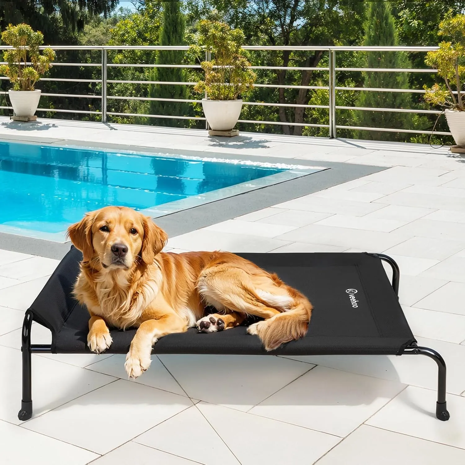 Veehoo Original Elevated Dog Bed - Outdoor Raised Dog Cot Bed for Large Dogs, One-Sided Raised Headboard Cooling Pet Bed, Dog Sleeping Training Cot, Non-Slip & Breathable, XL, CWC2417A, Black