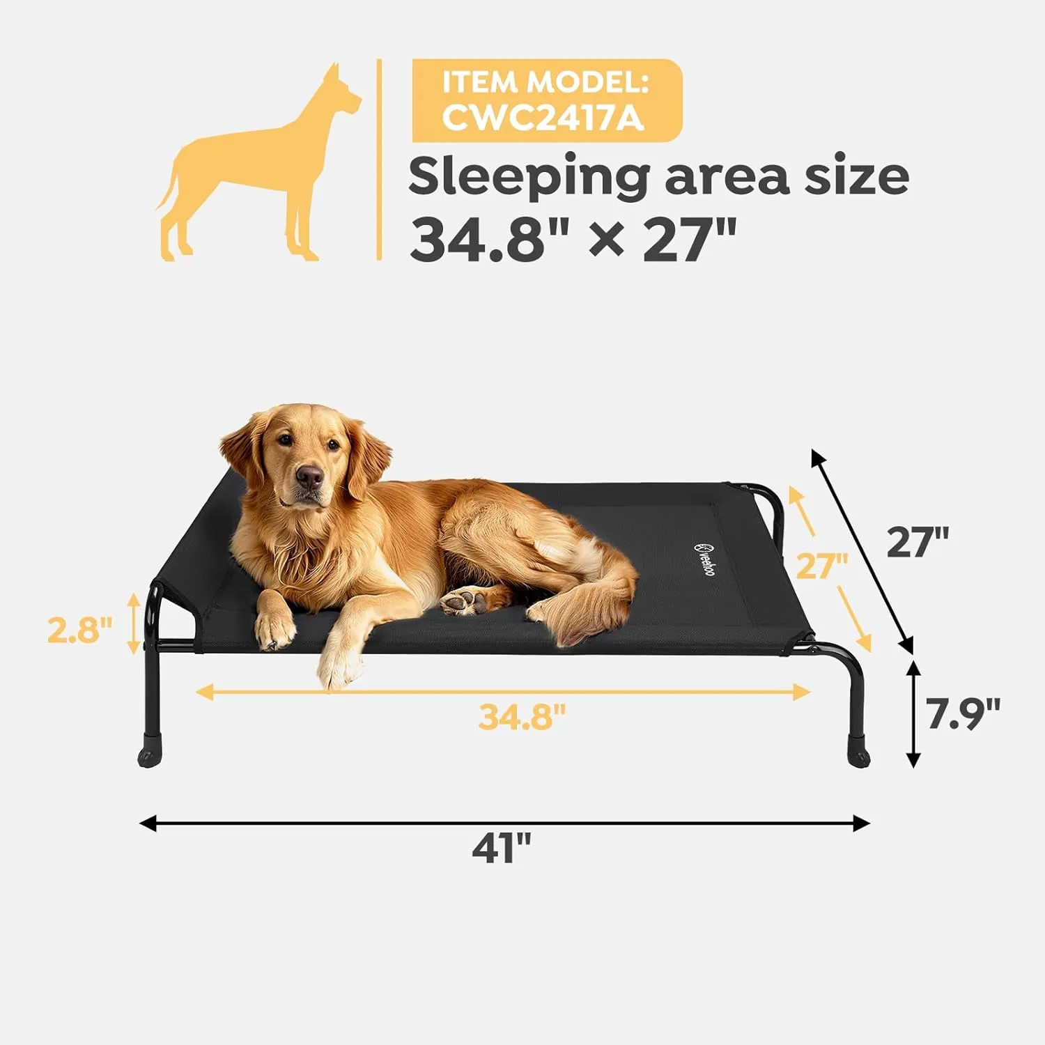 Veehoo Original Elevated Dog Bed - Outdoor Raised Dog Cot Bed for Large Dogs, One-Sided Raised Headboard Cooling Pet Bed, Dog Sleeping Training Cot, Non-Slip & Breathable, XL, CWC2417A, Black