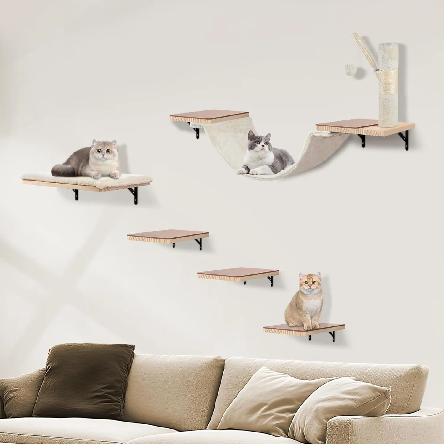 Wall Mounted Cat Climber Set, Cat Wall Shelves,Cat Wall Furniture Set,with Hammock,Jumping Boards,Sofa,Steps,Scratching Post,Hanging Ball and Felt Pads, Suit for Cats Climb, Jump,Scratch-Beige