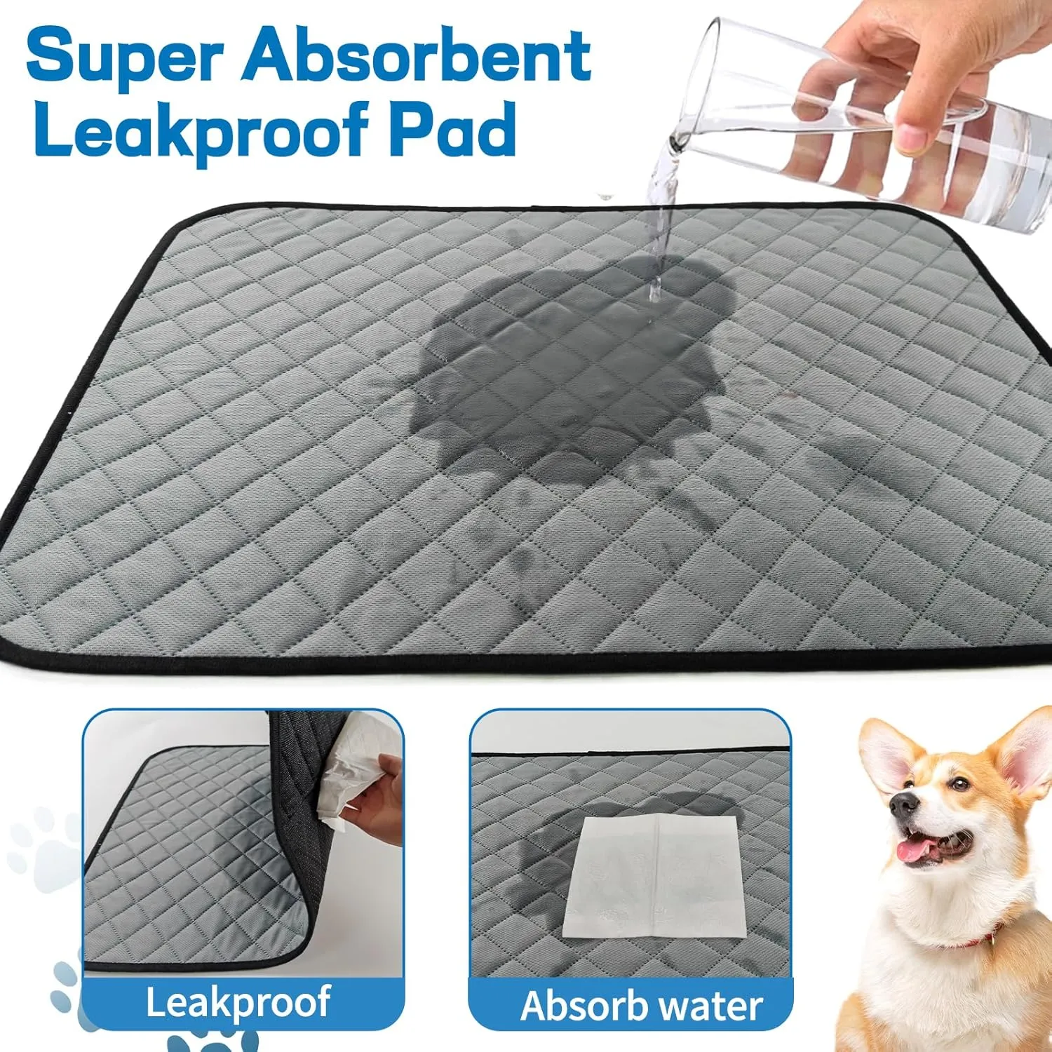 Washable Pee Pads for Dogs (2Pack), Reusable Puppy Pads, with Absorbent, Anti-Slip, Waterproof for Whelping, Training , Dogs Bed,Travel, Crate (Grey) (19.5X27.5)