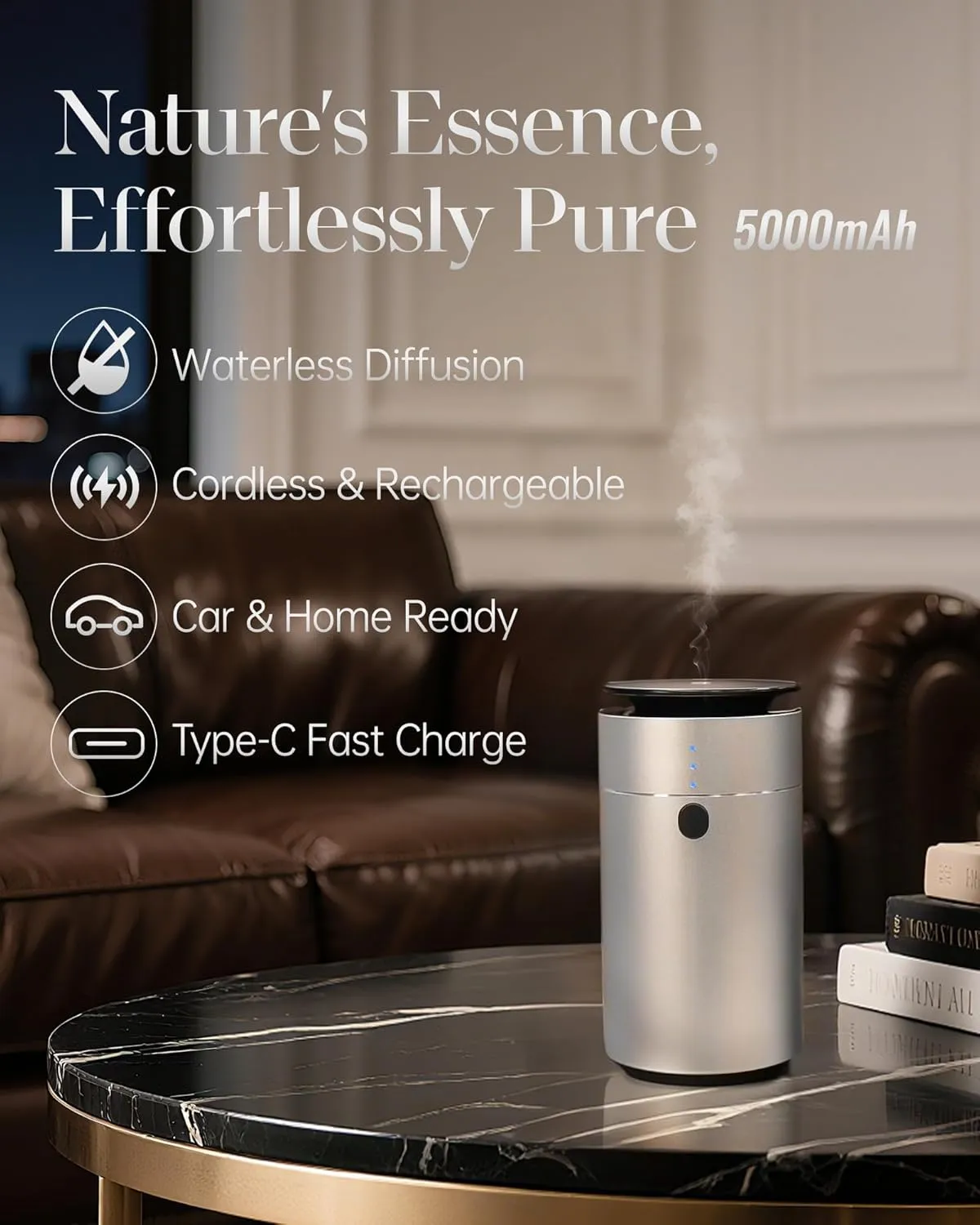Waterless Essential Oil Diffuser, Battery Operated Nebulizer, Mini Scent Air Machine, Scent Diffuser for Car & Home, Intelligent Auto On/Off, 3 Mist Modes, Ideal for Room, Office, Travel, Black