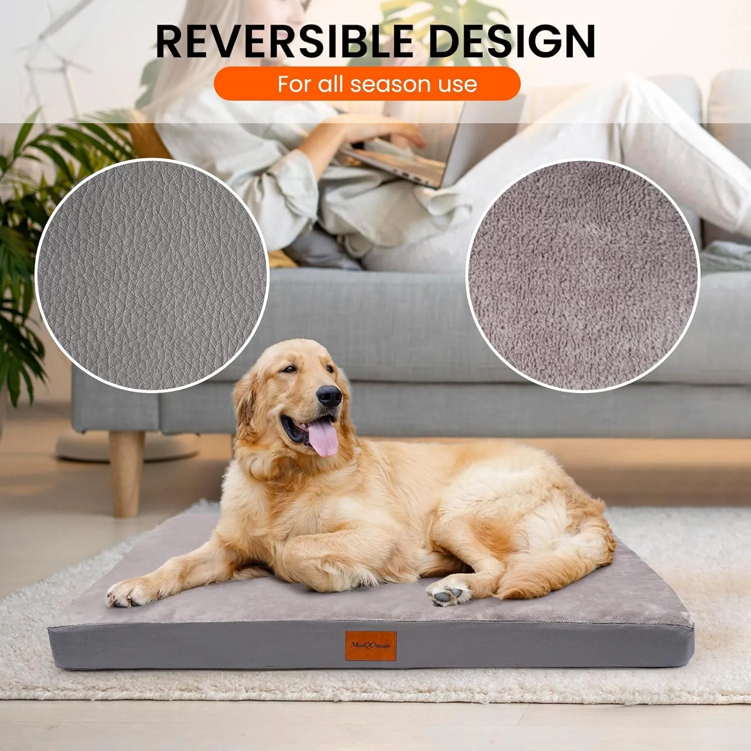 Waterproof Dog Bed for Large and Medium-Sized Dogs, Orthopedic Washable Crate Pad 35 inch, Egg Crate Foam Pet Bed Mat with Removable Cover, Anti-Slip Reversible Kennel Pad, 35''22'', Grey