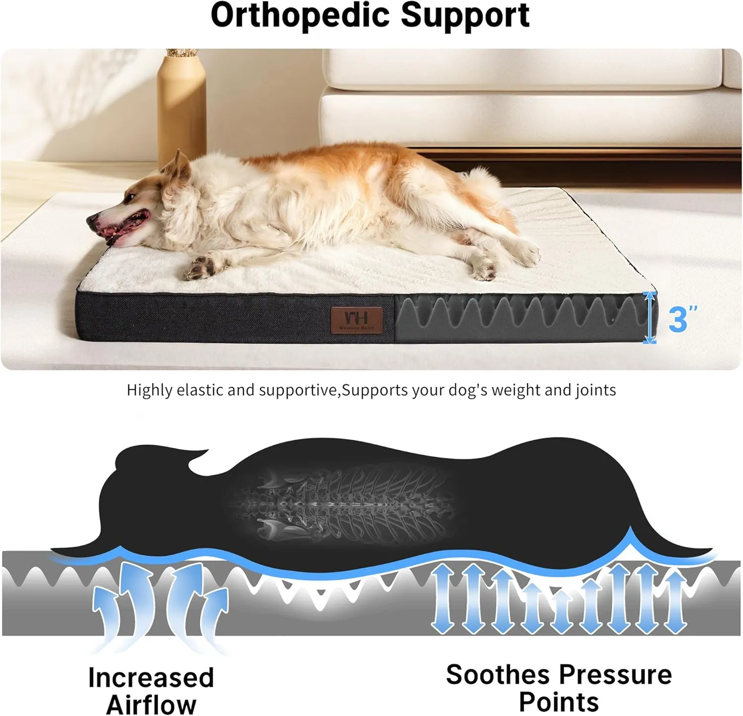 WESTERN HOME Dog Beds for Large Dogs, Waterproof Large Orthopedic Dog Bed with Washable Removable Cover, Egg Foam Pet Bed Mat for Crate, 36 inch, Dark Grey