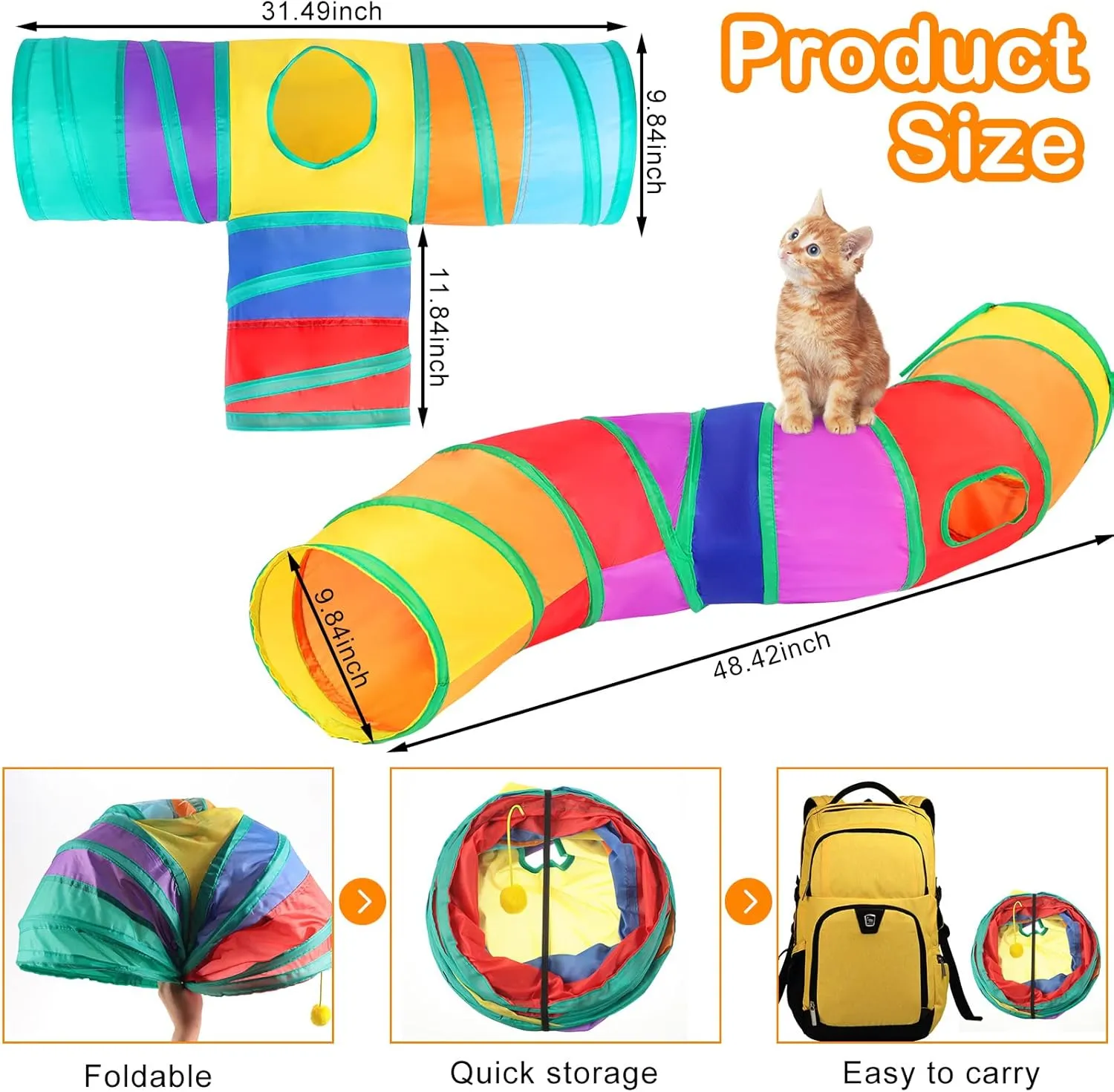 Wettarn 22 Pieces Cat Toys Set, with 2 Collapsible Tunnels for Indoor Cats and 20 Kitten Toys Tubes and Tunnels Interactive Feather Mouse Crinkle Balls for Pets Puppies(Colorful)