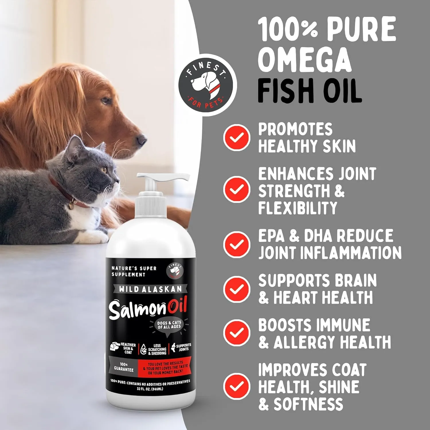 Wild Alaskan Salmon Oil Formula for Dogs & Cats - Omega 3 Fish Oil Supplement with EPA & DHA  Nourishes Skin & Coat, Eases Itching & Shedding. Joints, Immune and Heart Health - 16 oz
