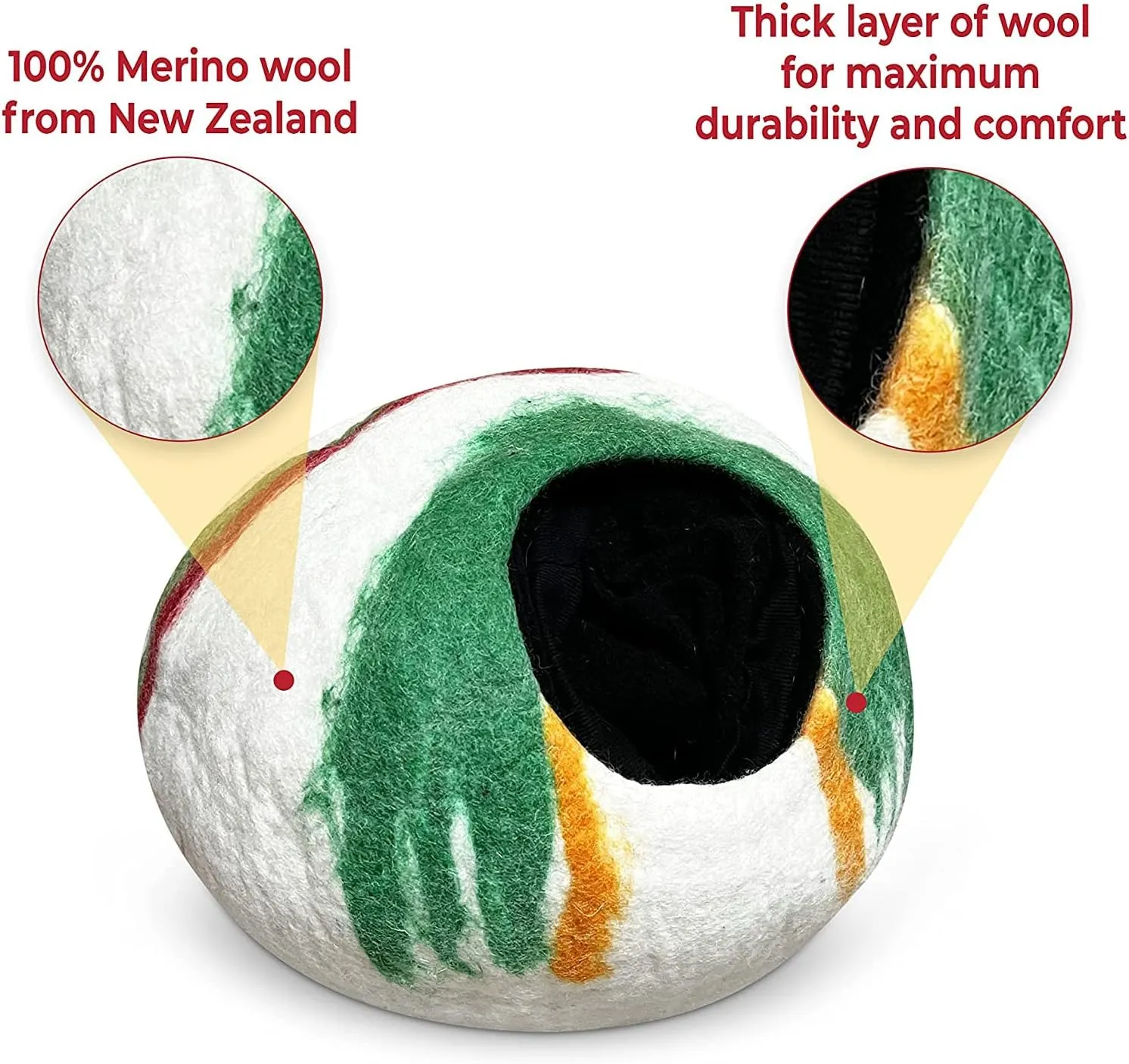 Woolygon Premium Felt Cat Cave Bed  Wool Kitty Beds Handcrafted Kitten Caves Bed for Indoor Cats - Made from 100% Eco-Friendly Merino Wool, Foldable Cat Hidewawy Covered Cat House Pod (Candy Swirl)