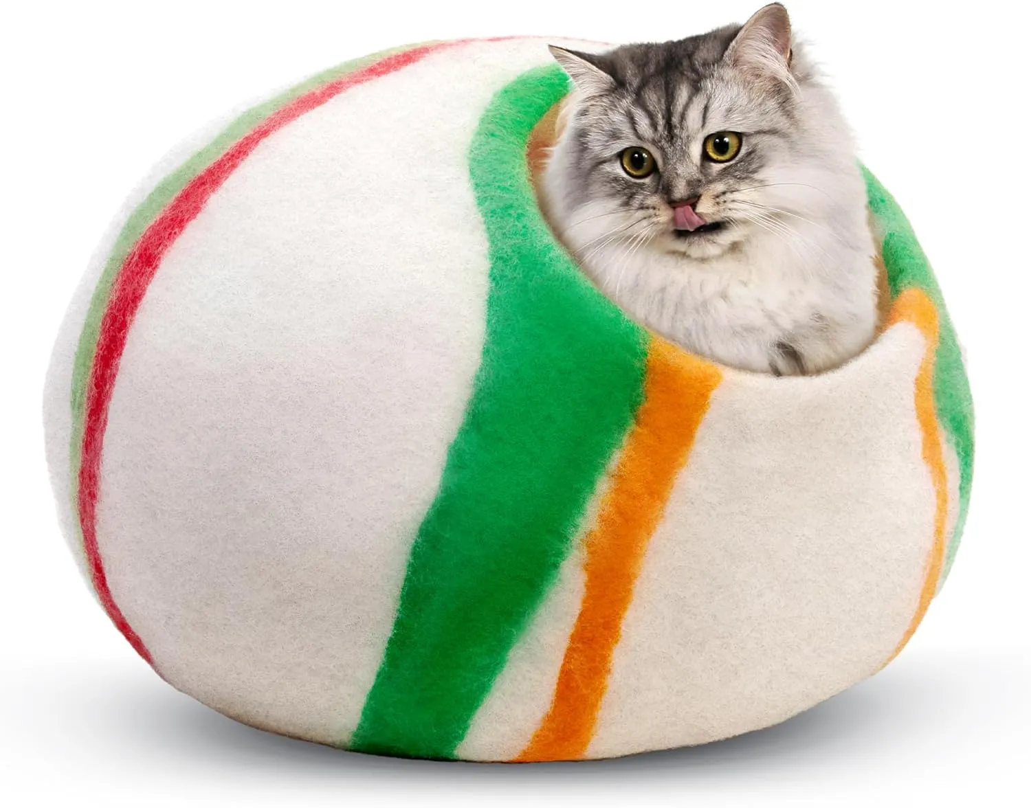 Woolygon Premium Felt Cat Cave Bed  Wool Kitty Beds Handcrafted Kitten Caves Bed for Indoor Cats - Made from 100% Eco-Friendly Merino Wool, Foldable Cat Hidewawy Covered Cat House Pod (Candy Swirl)
