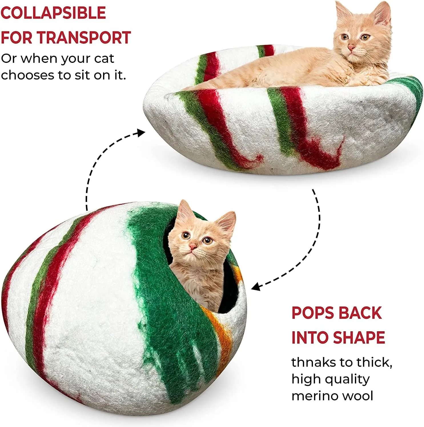 Woolygon Premium Felt Cat Cave Bed  Wool Kitty Beds Handcrafted Kitten Caves Bed for Indoor Cats - Made from 100% Eco-Friendly Merino Wool, Foldable Cat Hidewawy Covered Cat House Pod (Candy Swirl)