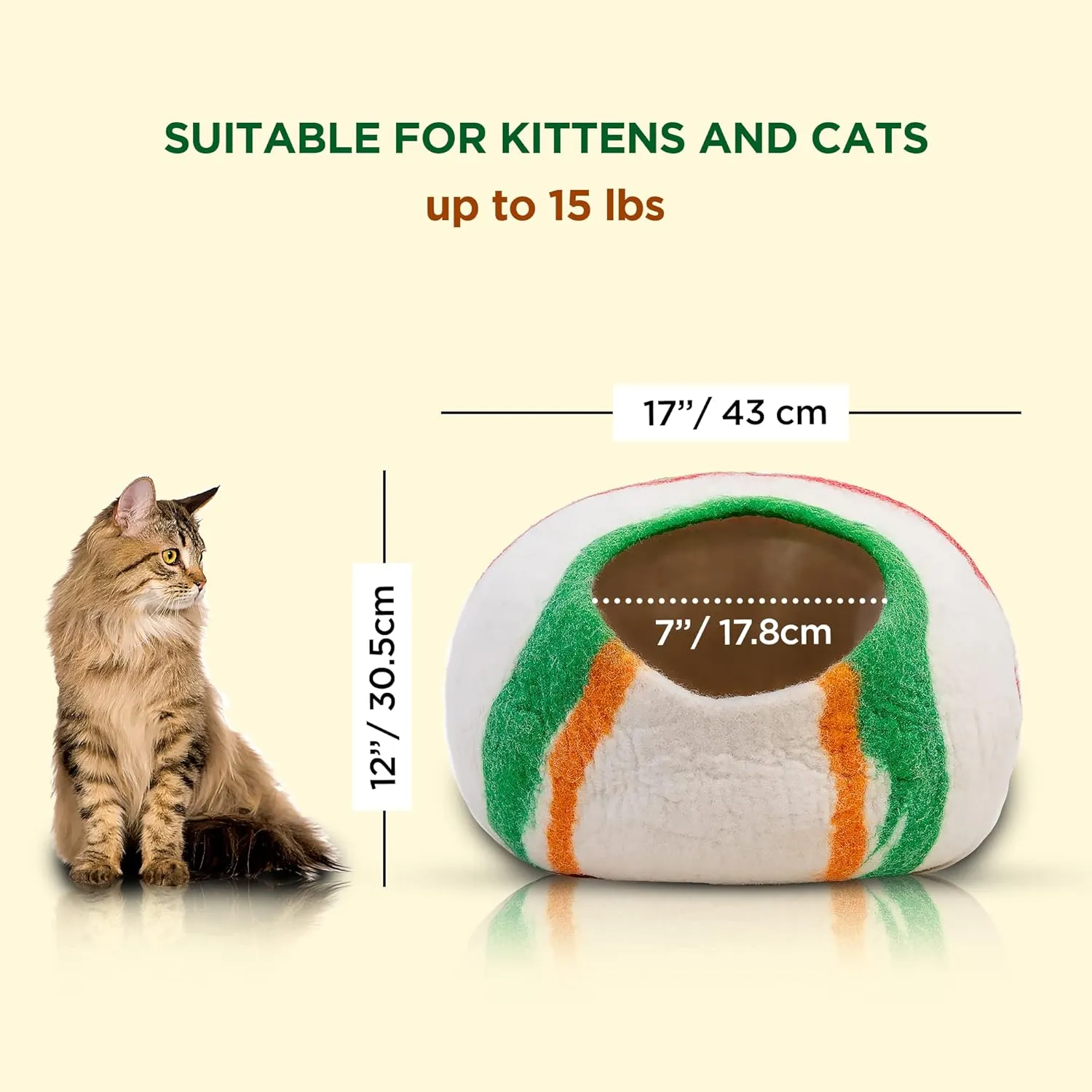 Woolygon Premium Felt Cat Cave Bed  Wool Kitty Beds Handcrafted Kitten Caves Bed for Indoor Cats - Made from 100% Eco-Friendly Merino Wool, Foldable Cat Hidewawy Covered Cat House Pod (Candy Swirl)