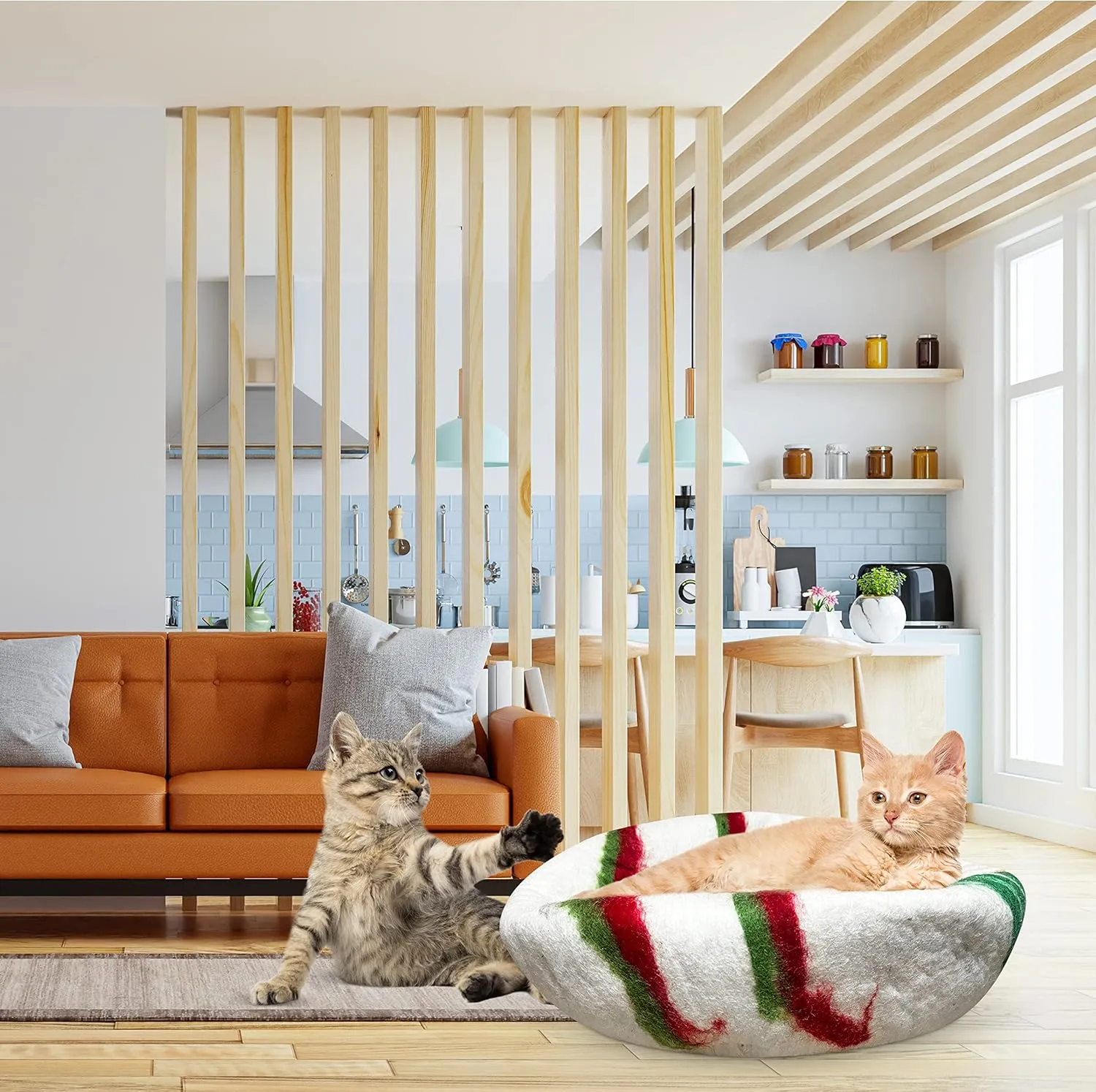 Woolygon Premium Felt Cat Cave Bed  Wool Kitty Beds Handcrafted Kitten Caves Bed for Indoor Cats - Made from 100% Eco-Friendly Merino Wool, Foldable Cat Hidewawy Covered Cat House Pod (Candy Swirl)