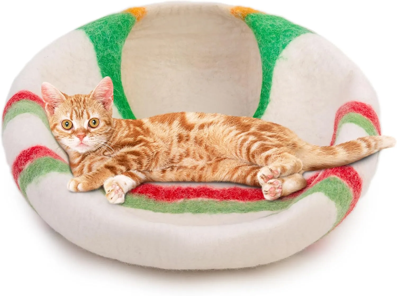 Woolygon Premium Felt Cat Cave Bed  Wool Kitty Beds Handcrafted Kitten Caves Bed for Indoor Cats - Made from 100% Eco-Friendly Merino Wool, Foldable Cat Hidewawy Covered Cat House Pod (Candy Swirl)