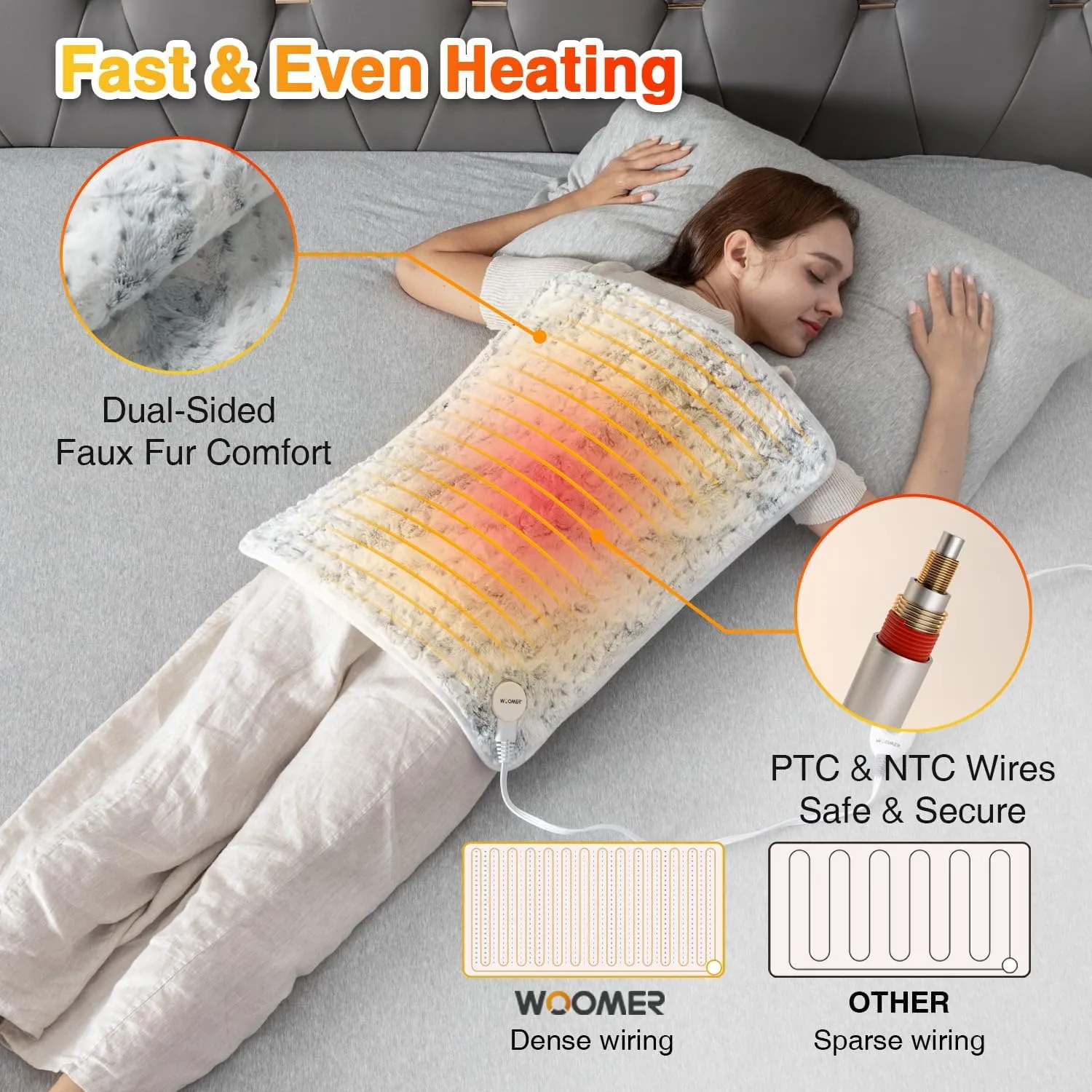 Woomer Heating Pad for Back Pain Relief, Extra Large Electric Heating Pad for Period Cramps, Moist&Dry Options, 6 Heat Setting, 2H Auto-Off, Cozy Faux Fur, 20 x 24, Marble Blue