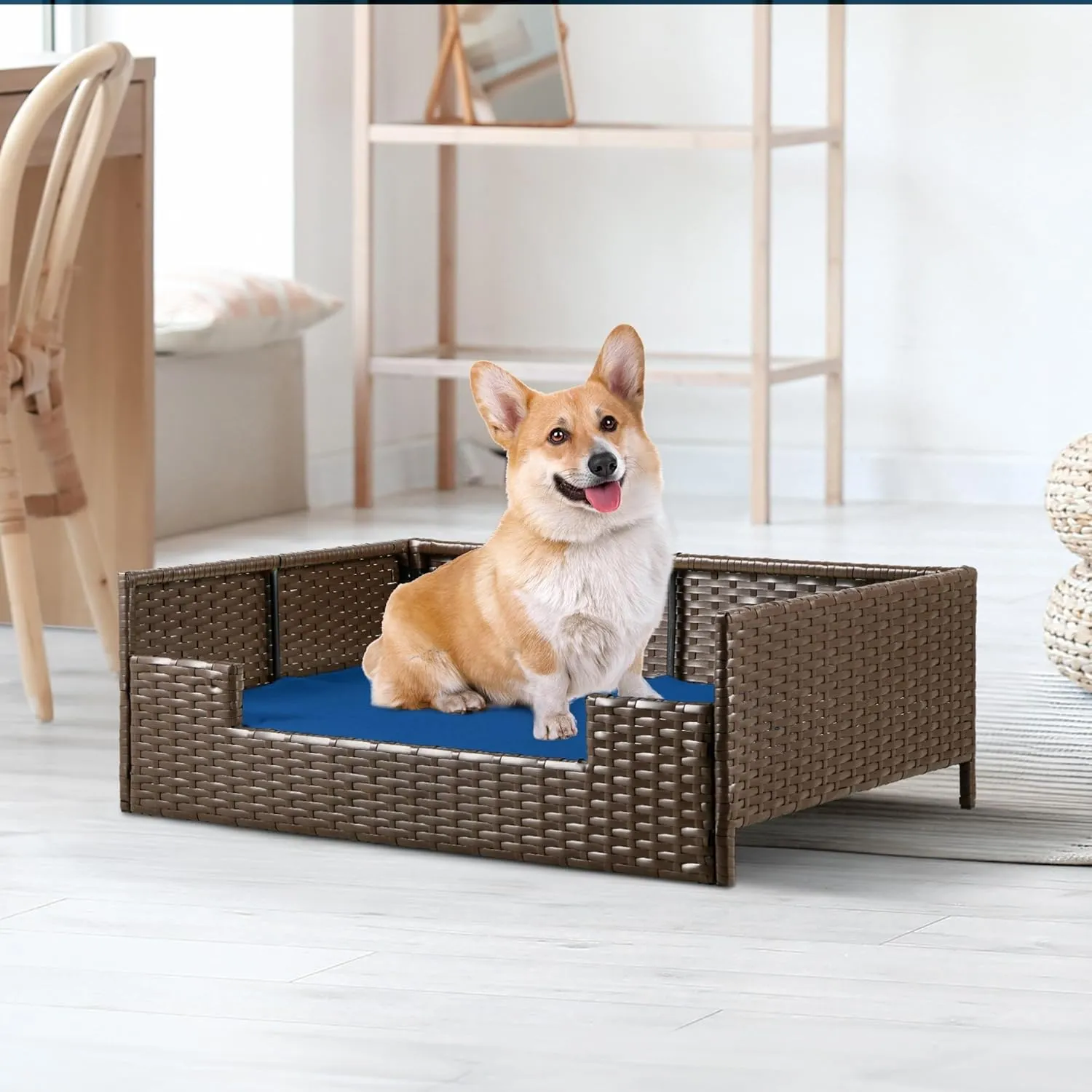 YITAHOME Rattan Dog Sofa Bed with Cushion,Wicker Pet Bed Sofa Couch Indoor Outdoor Water Resistant for Large Medium Small Dogs Cats (24.8''L*19.7''W*9.8'',Blue)