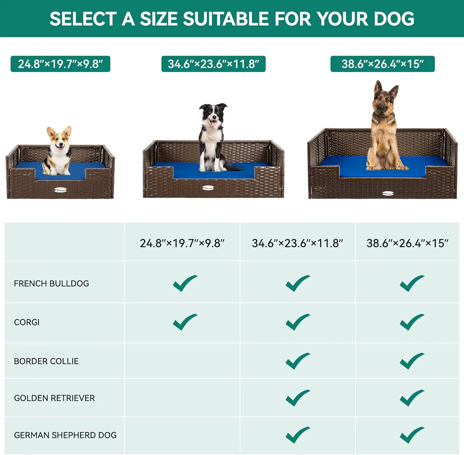 YITAHOME Rattan Dog Sofa Bed with Cushion,Wicker Pet Bed Sofa Couch Indoor Outdoor Water Resistant for Large Medium Small Dogs Cats (24.8''L*19.7''W*9.8'',Blue)
