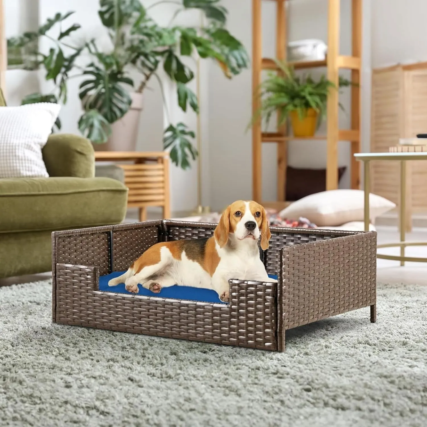 YITAHOME Rattan Dog Sofa Bed with Cushion,Wicker Pet Bed Sofa Couch Indoor Outdoor Water Resistant for Large Medium Small Dogs Cats (24.8''L*19.7''W*9.8'',Blue)