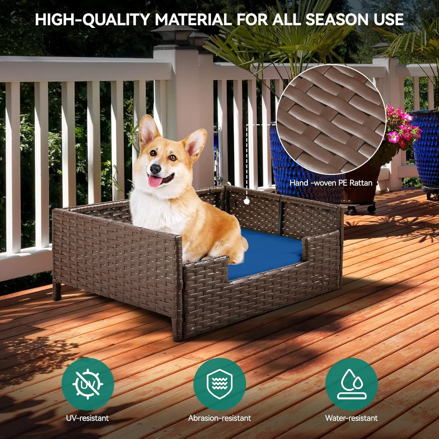 YITAHOME Rattan Dog Sofa Bed with Cushion,Wicker Pet Bed Sofa Couch Indoor Outdoor Water Resistant for Large Medium Small Dogs Cats (24.8''L*19.7''W*9.8'',Blue)