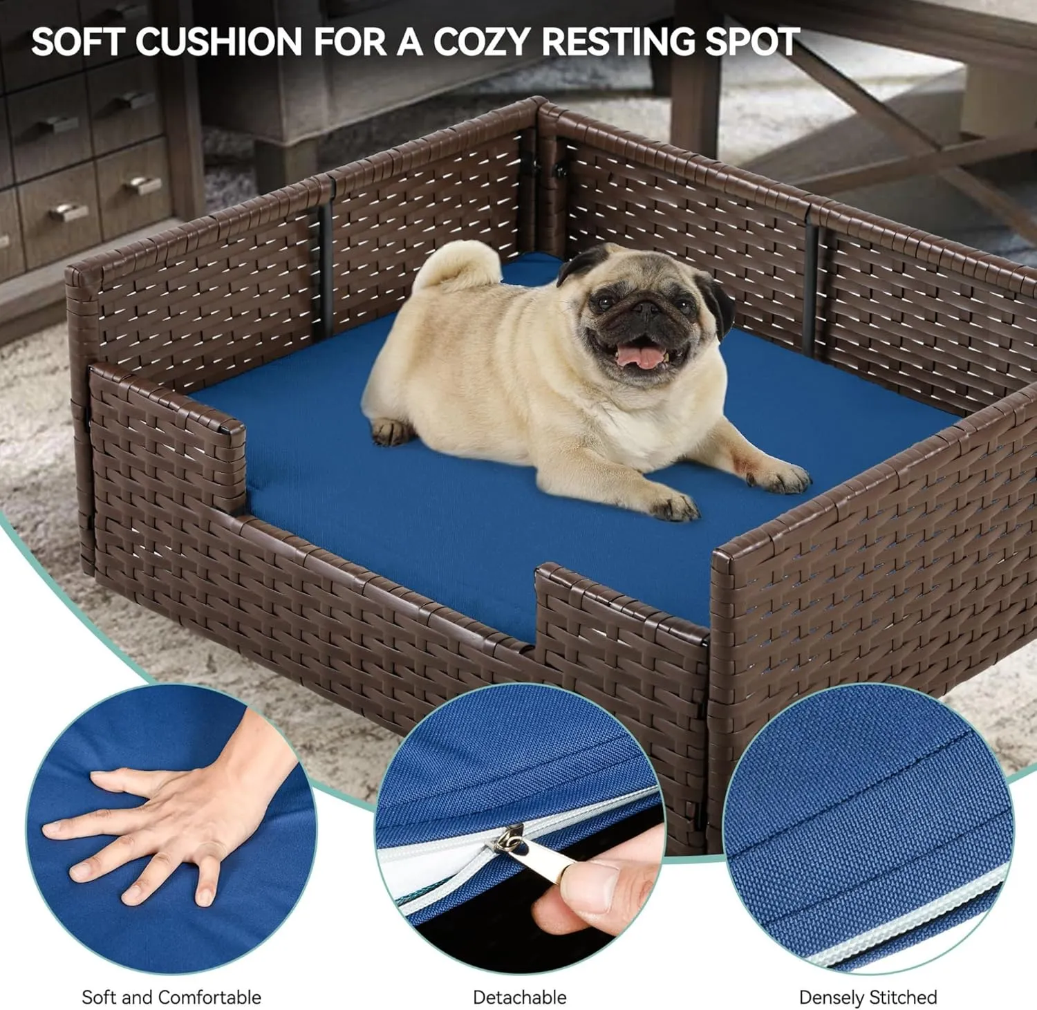 YITAHOME Rattan Dog Sofa Bed with Cushion,Wicker Pet Bed Sofa Couch Indoor Outdoor Water Resistant for Large Medium Small Dogs Cats (24.8''L*19.7''W*9.8'',Blue)